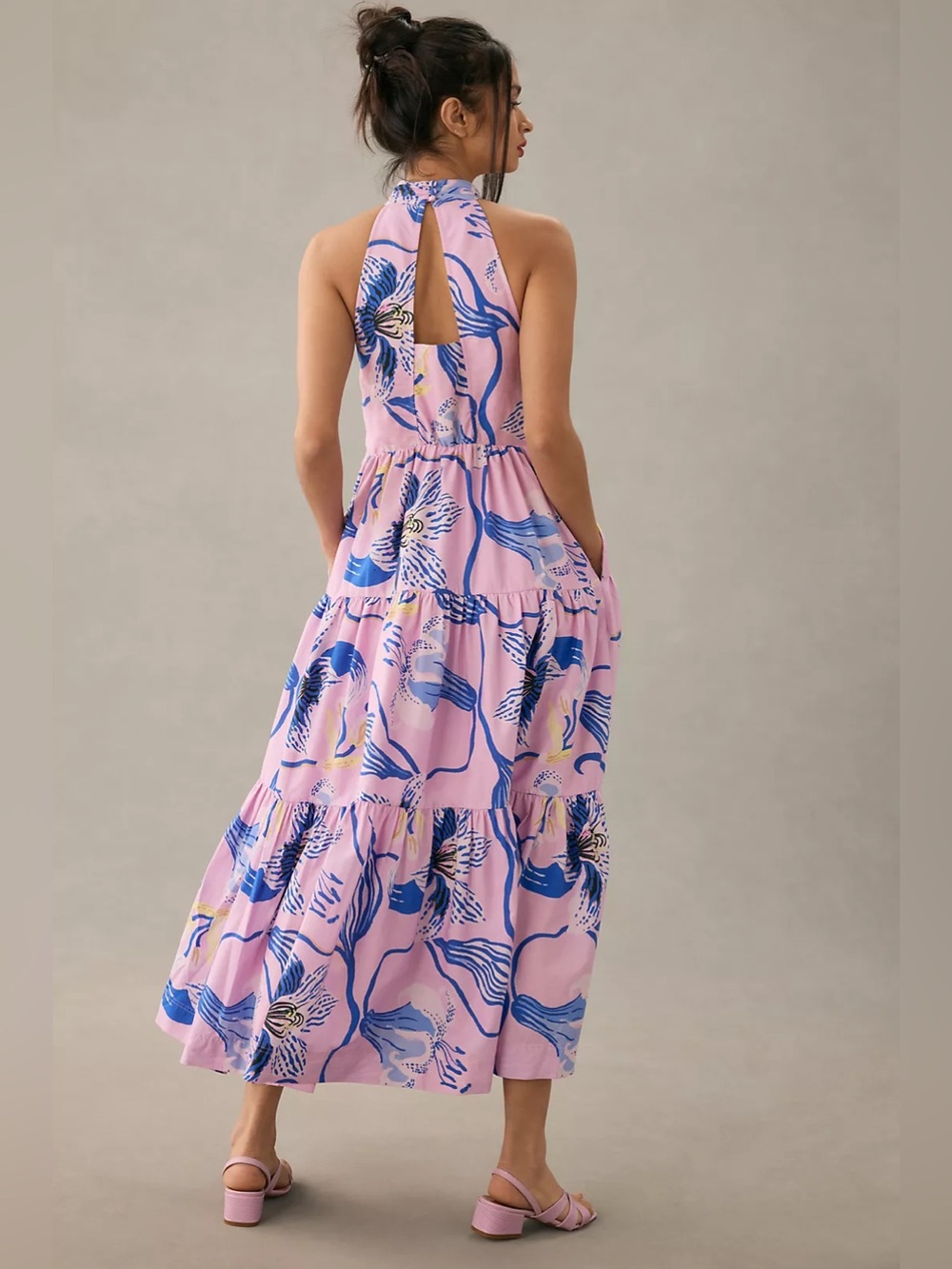 ANTHROPOLOGIE Sarah Gordon Tiered Halter Midi Dress Lilac Floral Sz: 6 - Picture 2 of 15